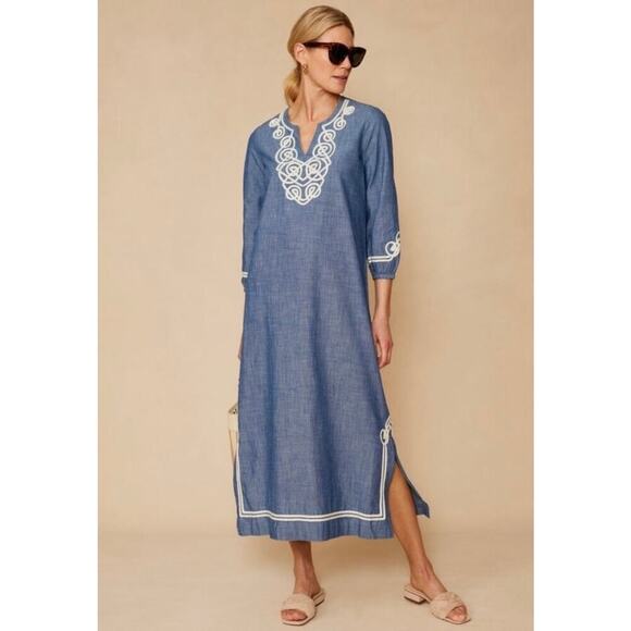 J. McLaughlin Dresses & Skirts - J McLaughlin Pansy Chambray Tunic Midi Dress XS Embroidered  Side Slits Coastal